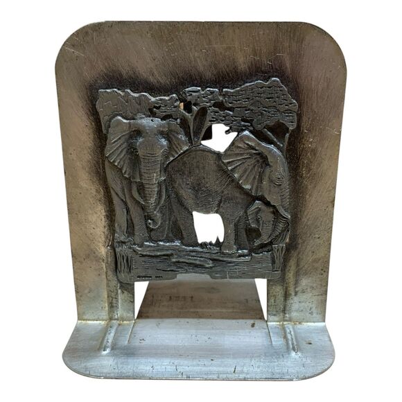 Vintage METZKE Pewter Bookends African Elephants 3-Dimensional Metal Patina - Picture 2 of 16